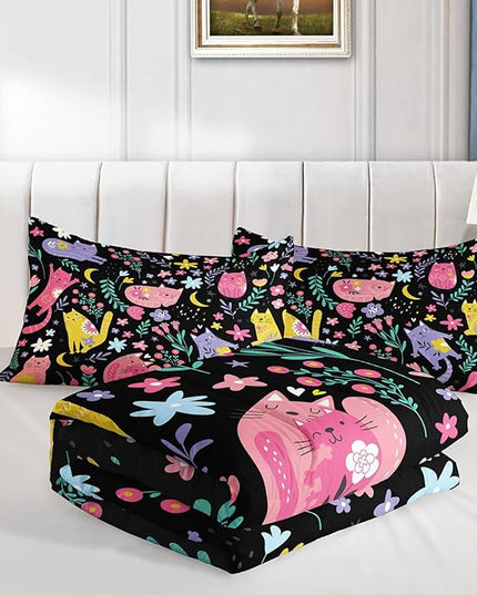 Floral Cat Comforter Full Size,Black Cats Comforter Set for Kids Teens Girls,3Pcs Bedding Set Printed Comforter with 2 Pillowcases,Down Alternative,Soft and Lightweight(Black，Full Size) - LeafyLoom