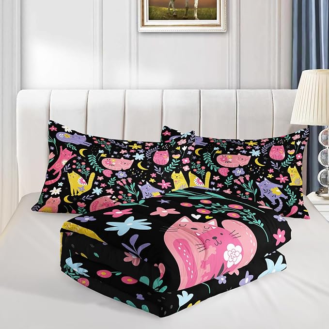 Floral Cat Comforter Twin Size,Black Cats Comforter Set for Kids Teens Girls,3Pcs Bedding Set Printed Comforter with 2 Pillowcases,Down Alternative,Soft and Lightweight(Black，Twin Size) - LeafyLoom