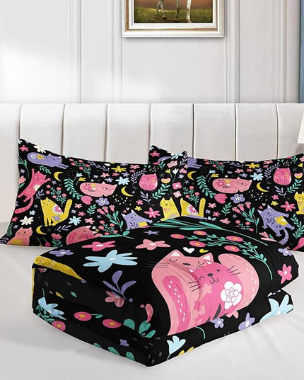 Floral Cat Comforter King Size,Black Cats Comforter Set for Kids Teens Girls,3Pcs Bedding Set Printed Comforter with 2 Pillowcases,Down Alternative,Soft and Lightweight(Black，King Size) - LeafyLoom