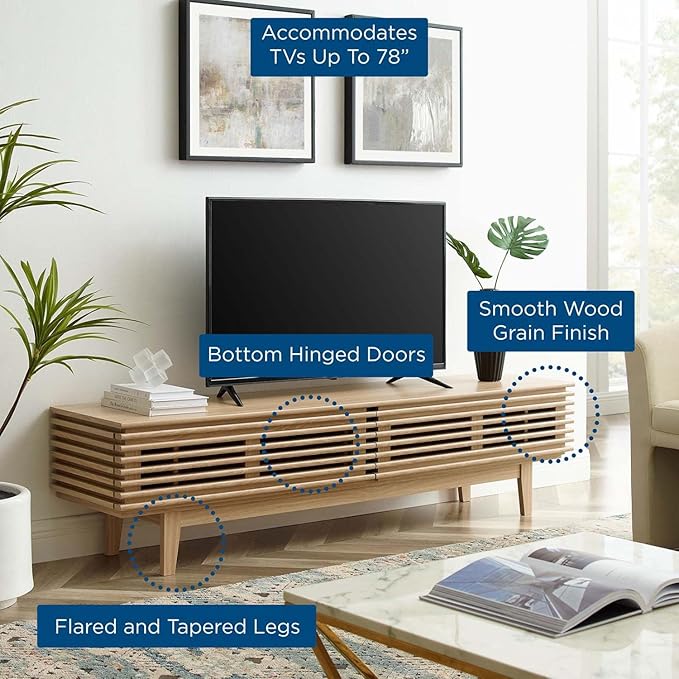 Modway Render Mid-Century Modern Low Profile 71 Inch TV Stand in Oak, 71" - LeafyLoom