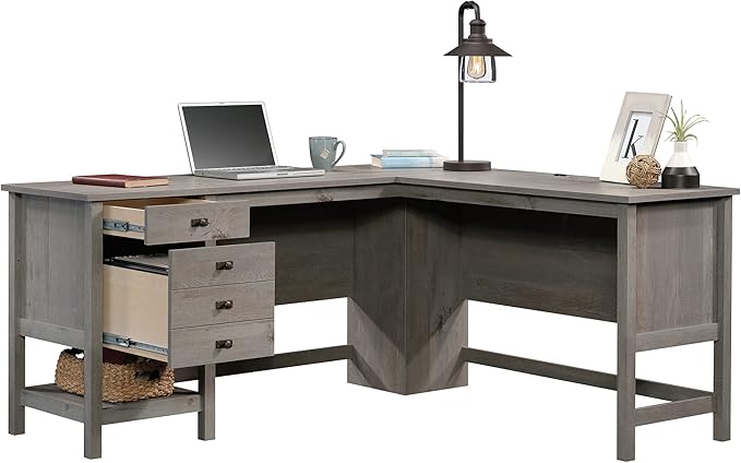 Sauder Cottage Road L-Desk, L: 65.12" x W: 58.66" x H: 29.76", Mystic Oak finish - LeafyLoom