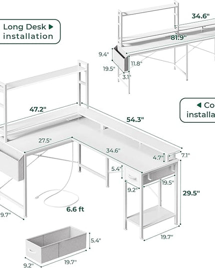 L Shaped Desk Gaming Desk with LED Lights & Power Outlets, Computer Desk with Storage Shelves, Corner Desk Home Office Desks for Bedroom, White - LeafyLoom