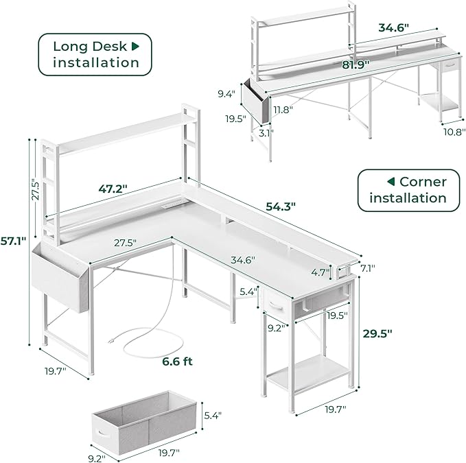 L Shaped Desk Gaming Desk with LED Lights & Power Outlets, Computer Desk with Storage Shelves, Corner Desk Home Office Desks for Bedroom, White - LeafyLoom