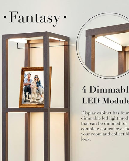 FENLO Fantasy 66" Luxury Glass Display Shelf with Dimmable LED Floor Lamps, Sturdy Glass Shelves for Bedroom, Curio Cabinet with Glass Bookshelf, Floor Lamp with Shelves - Brown - LeafyLoom