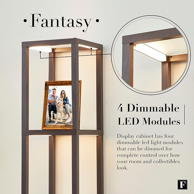 FENLO Fantasy 66" Luxury Glass Display Shelf with Dimmable LED Floor Lamps, Sturdy Glass Shelves for Bedroom, Curio Cabinet with Glass Bookshelf, Floor Lamp with Shelves - Brown - LeafyLoom