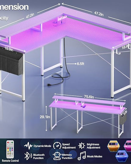 armocity L Shaped Computer Desk with Power Outlets, Gaming LED Lights, Corner Storage Shelves, Work Study for Bedroom, Home Office Small Spaces, 47'', Carbon Fiber Purple - LeafyLoom