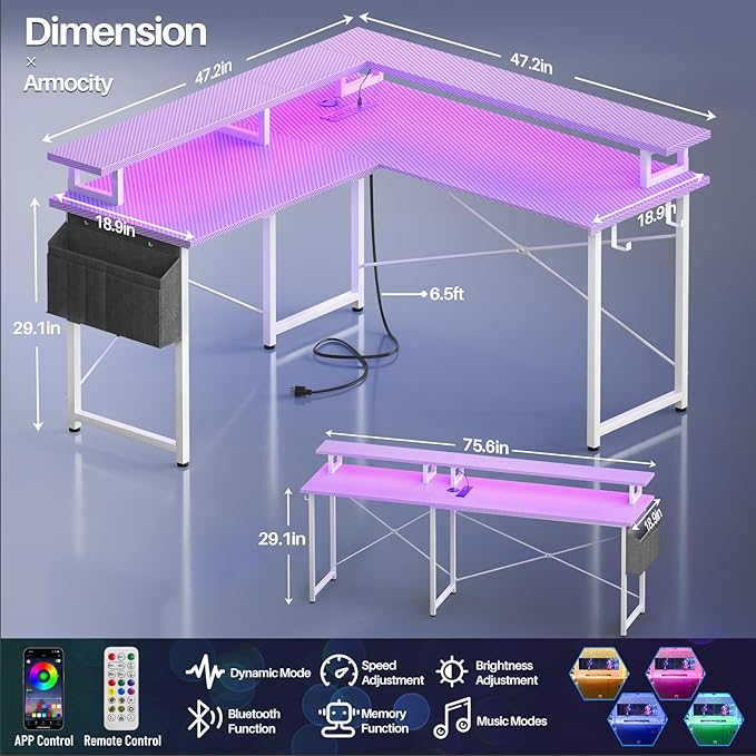 armocity L Shaped Computer Desk with Power Outlets, Gaming LED Lights, Corner Storage Shelves, Work Study for Bedroom, Home Office Small Spaces, 47'', Carbon Fiber Purple - LeafyLoom