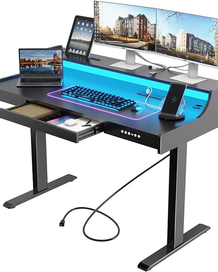 Vabches Standing Desk with Charging Station and LED Lights Adjustable Standing Desk with Drawer, Electric Adjustable Height Desk with Monitor Stand Sit Stand Home Office Desk, Black - LeafyLoom