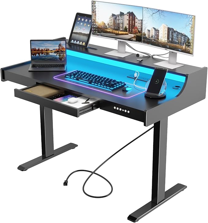 Vabches Standing Desk with Charging Station and LED Lights Adjustable Standing Desk with Drawer, Electric Adjustable Height Desk with Monitor Stand Sit Stand Home Office Desk, Black - LeafyLoom