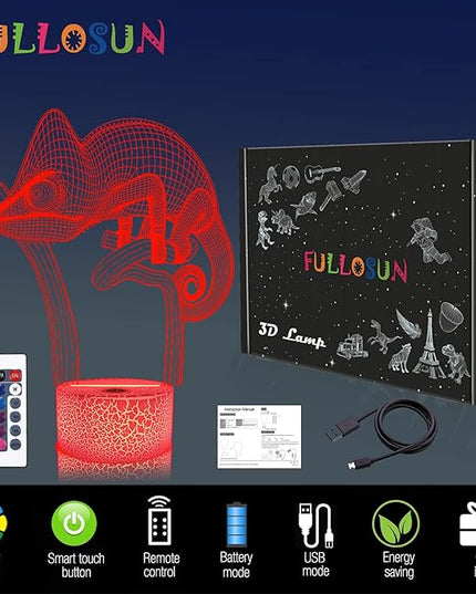 FULLOSUN Chameleon 3D Night Light Lizard Projection LED Lamp Baby Nursery Nightlight for Kids' Room Home Decor Xmas Birthday Gifts with Remote Control 16 Color Changing - LeafyLoom