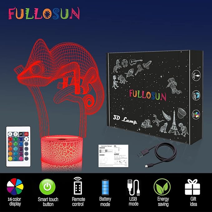 FULLOSUN Chameleon 3D Night Light Lizard Projection LED Lamp Baby Nursery Nightlight for Kids' Room Home Decor Xmas Birthday Gifts with Remote Control 16 Color Changing - LeafyLoom