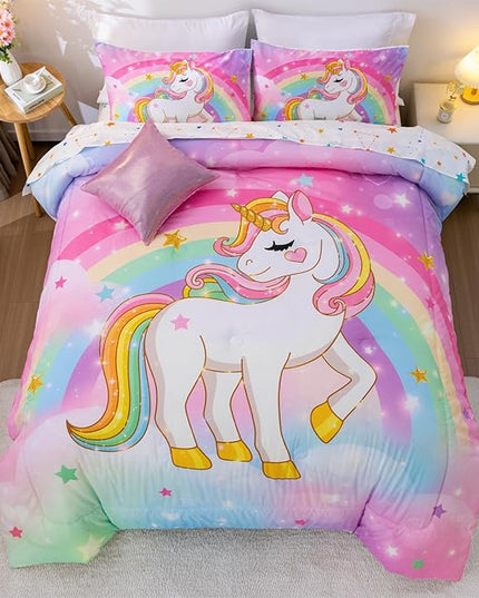 Aimuan Girls Unicorn Comforter Set 6 Pieces Pink Purple Bedding Set with Rainbow Star Galaxy Stars Fantasy Children Room Decor Soft Reversible Bed Sets for Boys/Girls/Teens (Rainbow Twin6Pcs) - LeafyLoom