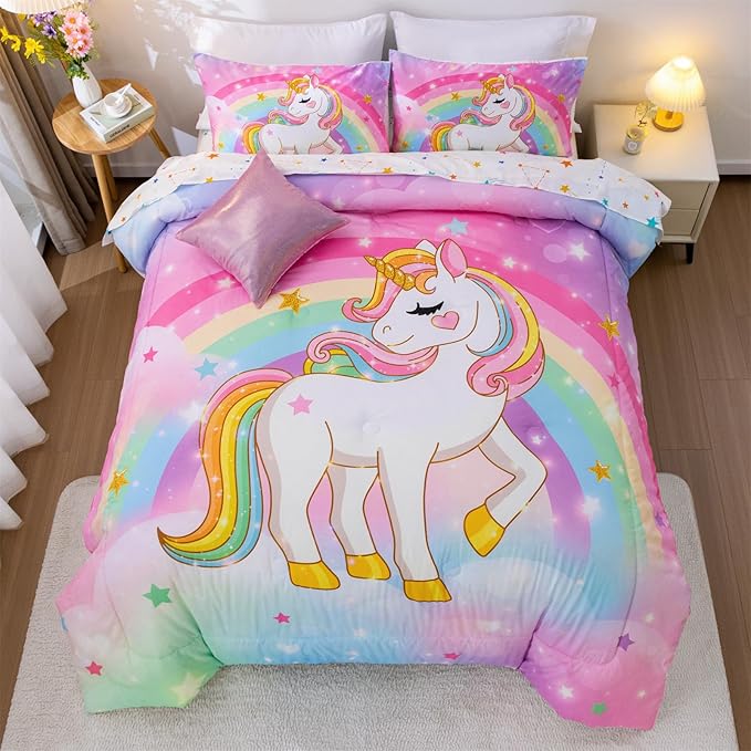 Aimuan Girls Unicorn Comforter Set 6 Pieces Pink Purple Bedding Set with Rainbow Star Galaxy Stars Fantasy Children Room Decor Soft Reversible Bed Sets for Boys/Girls/Teens (Rainbow Twin6Pcs) - LeafyLoom