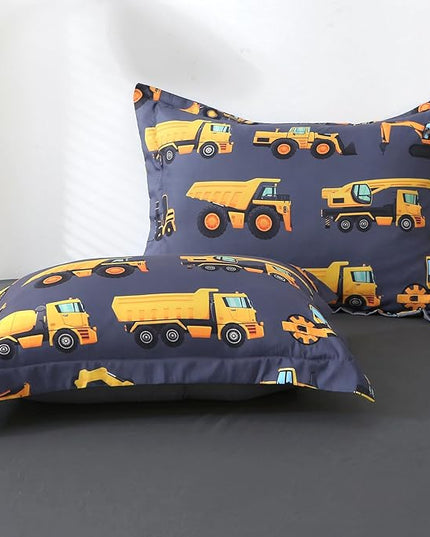 Wajade 7 Piece Construction Truck Kids Comforter Set for Boys Twin Size 3D Vehicles Excavator Cars Bedding Set for Kids Teens(1 Comforter, 1 Flat Sheet, 1 Fitted Sheet, 2 Pillowcase and 2 Pillow Sham) - LeafyLoom
