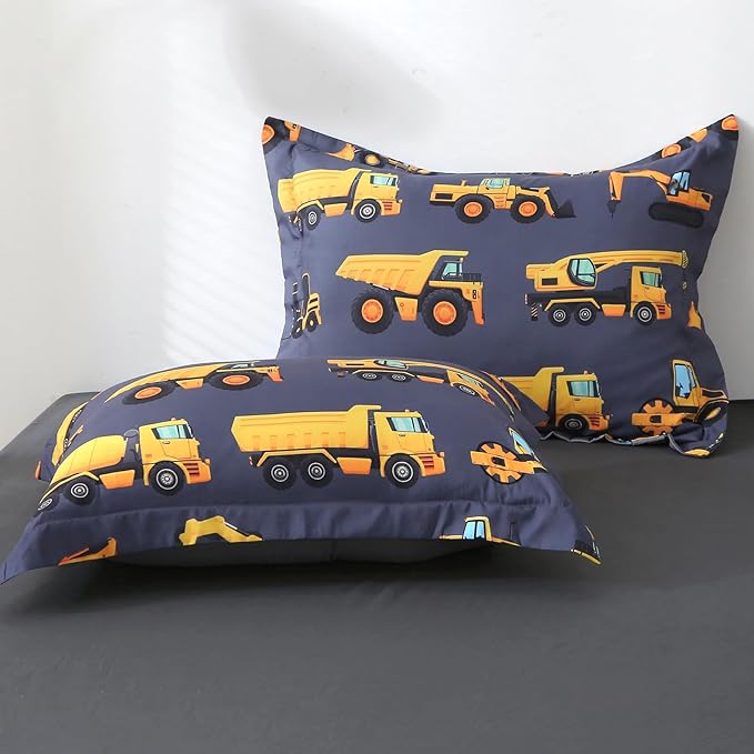 Wajade 7 Piece Construction Truck Kids Comforter Set for Boys Twin Size 3D Vehicles Excavator Cars Bedding Set for Kids Teens(1 Comforter, 1 Flat Sheet, 1 Fitted Sheet, 2 Pillowcase and 2 Pillow Sham) - LeafyLoom