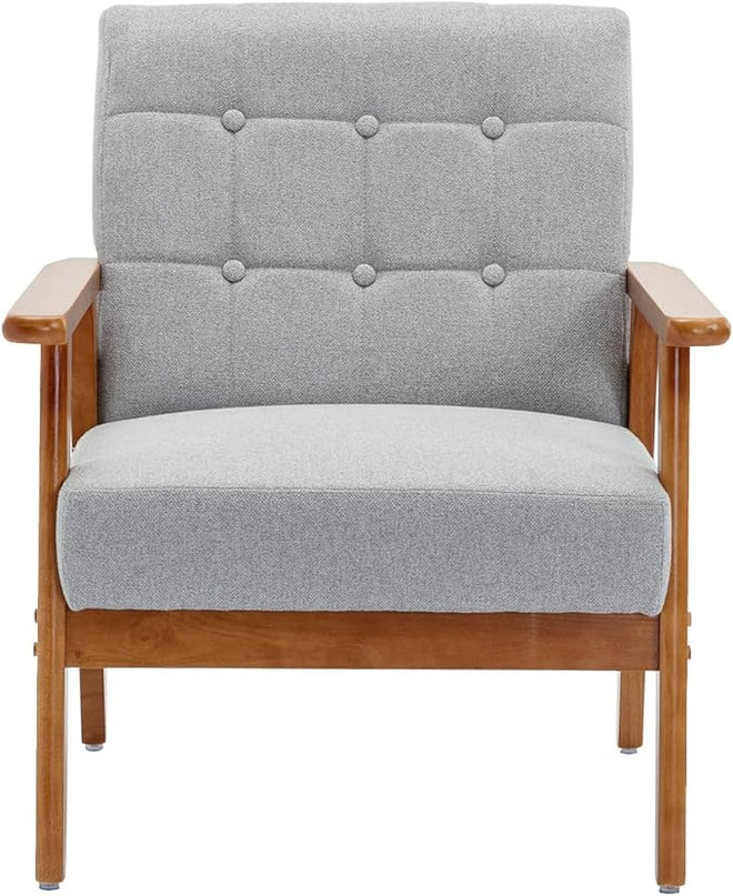 Mid-Century Accent, Modern Single Armchair, Upholstered Leisure Lounge Chair wth Solid Wood Armrest and Feet for Living Room, Bedroom, Office, Gray - LeafyLoom