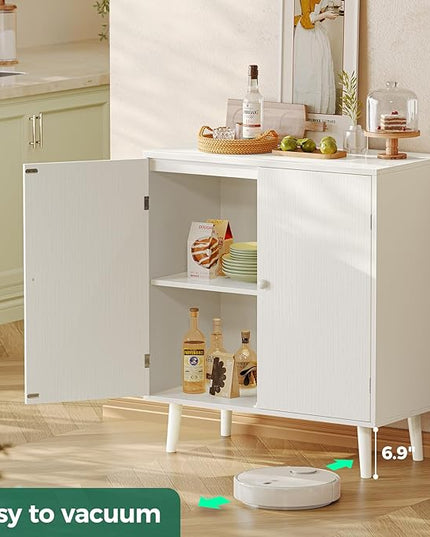 Buffet Cabinet with Storage, Storage Cabinet with 2 Doors, White Cabinet with Solid Wood Feet, Sideboard Cabinet Accent Cabinet, for Kitchen, Entryway, Living Room - LeafyLoom
