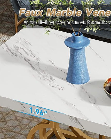 Tribesigns Modern Coffee Table, 47 Inch Faux Marble Cocktail Table with Geometric Frame, Rectangular Center Table Tea Table Accent Furniture for Living Room, Simple Assembly (White/Gold) - LeafyLoom