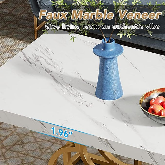 Tribesigns Modern Coffee Table, 47 Inch Faux Marble Cocktail Table with Geometric Frame, Rectangular Center Table Tea Table Accent Furniture for Living Room, Simple Assembly (White/Gold) - LeafyLoom