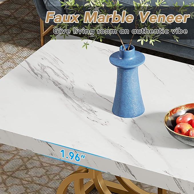 Tribesigns Modern Coffee Table, 47 Inch Faux Marble Cocktail Table with Geometric Frame, Rectangular Center Table Tea Table Accent Furniture for Living Room, Simple Assembly (White/Gold) - LeafyLoom