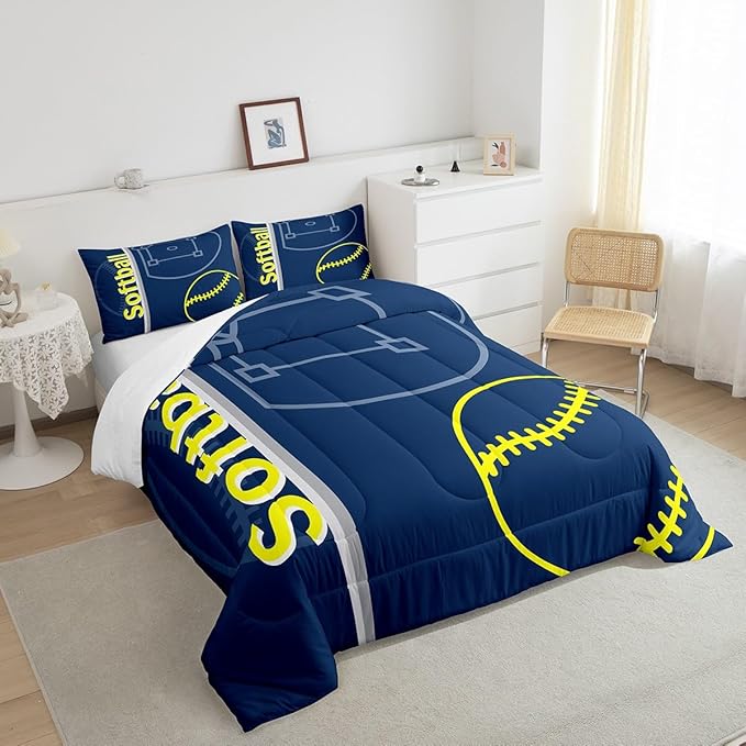 Feelyou Kids Softball Comforter Set King Size Sports Game Bedding Set for Boys Girls Teens Bedroom Decor Baseball Comforter Women Men Softball Gaming Duvet Set with 2 Pillow Case - LeafyLoom