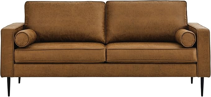 Upholstered 3 Seater Sofa Couch with Metal Legs and Removable Cushions for Livingroom Bedroom, Including 2 Bolster Pillows, Brown, 77" W - LeafyLoom