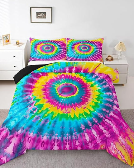 2 Piece Rainbow Tie Dye Comforter Set with 1 Pillowcase Boho Psychedelic Bedding Set for Kids Girls Teens Bohemian Gypsy Exotic Spiral Quilted Duvet Soft Comfy, Watercolor Art Down Comforter,Twin - LeafyLoom