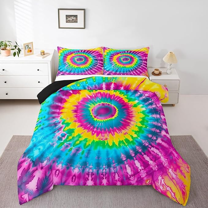 2 Piece Rainbow Tie Dye Comforter Set with 1 Pillowcase Boho Psychedelic Bedding Set for Kids Girls Teens Bohemian Gypsy Exotic Spiral Quilted Duvet Soft Comfy, Watercolor Art Down Comforter,Twin - LeafyLoom