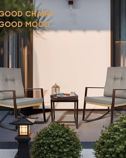 YIYAN 3 Piece Bistro Set Outdoor Patio Rocking Wicker Chairs, Patio Outdoor Furniture Conversation Sets with Porch Chairs,Coffee Table and Washable Cushion(Gray) - LeafyLoom
