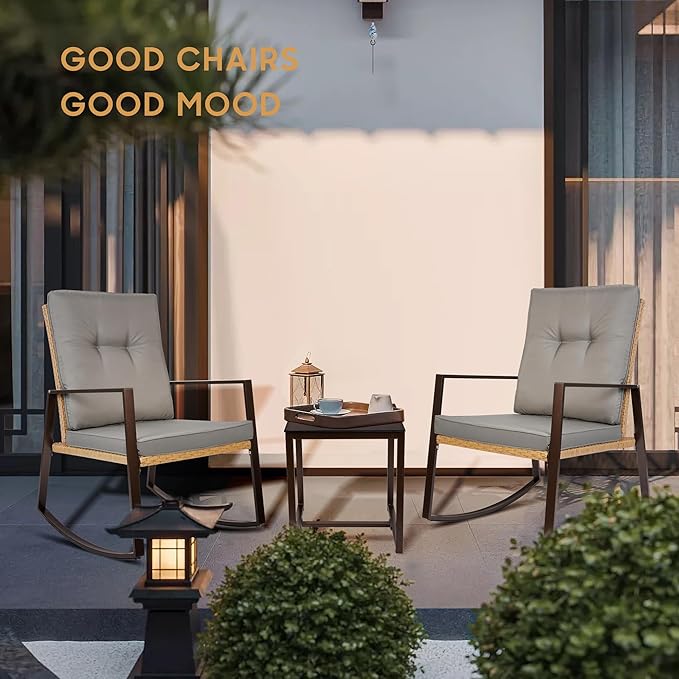 YIYAN 3 Piece Bistro Set Outdoor Patio Rocking Wicker Chairs, Patio Outdoor Furniture Conversation Sets with Porch Chairs,Coffee Table and Washable Cushion(Gray) - LeafyLoom