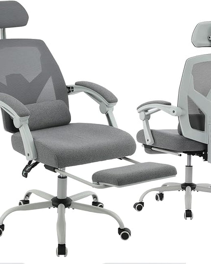 edx Ergonomic Office Chair, Reclining High Back Mesh Computer Desk Swivel Rolling Home Task Chair with Lumbar Support Pillow, Adjustable Headrest, Retractable Footrest and Padded Armrests, Grey - LeafyLoom
