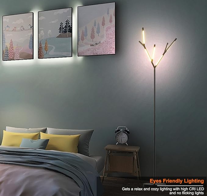 Modern LED Tree Floor Lamp, Black Sputnik Standing Lamp with 6 Chandelier 3000K Warm White Lights, Elegant Slim Tall Pole Lamp for Living Room Bedroom Office Hotel - LeafyLoom
