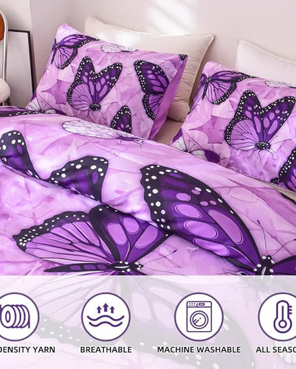 Btargot 3 Piece Purple Butterfly Girls Kids Adults Queen Size Comforter Set, Lightweight Soft All Season Bedding Set with 2 Pillowcases - LeafyLoom