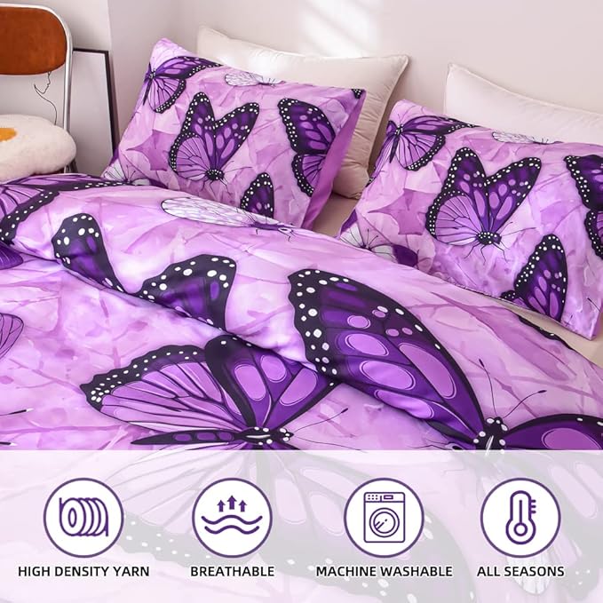 Btargot 3 Piece Purple Butterfly Girls Kids Adults Queen Size Comforter Set, Lightweight Soft All Season Bedding Set with 2 Pillowcases - LeafyLoom