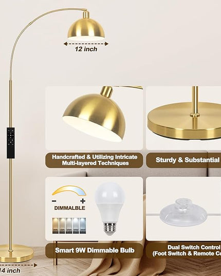 【Upgraded】 Arc Floor Lamps for Living Room - Stepless Dimmable Gold Tall Lamp with Remote Control & Color Temperature 9W LED Bulb, Over Couch Arched Reading Standing Lamp for Bedroom Brass - LeafyLoom