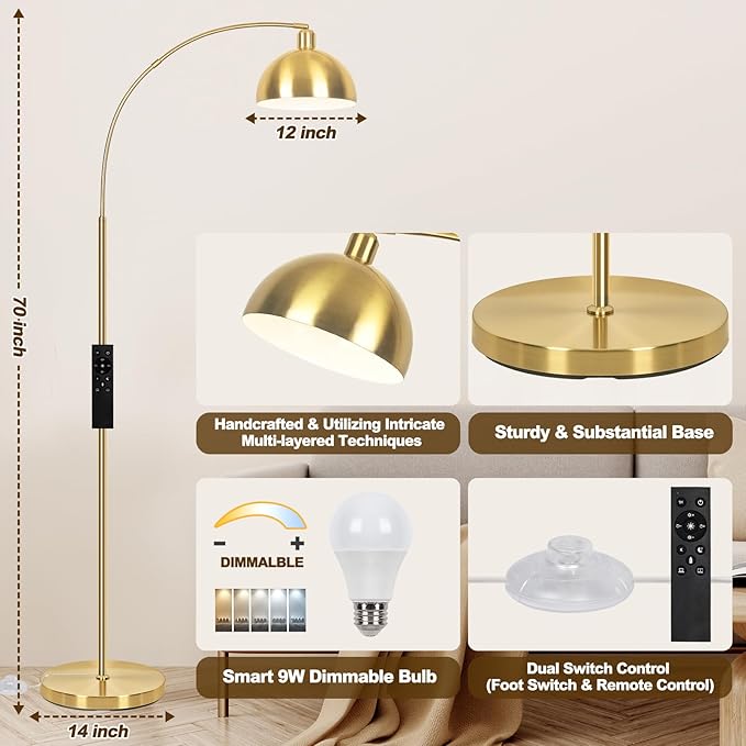【Upgraded】 Arc Floor Lamps for Living Room - Stepless Dimmable Gold Tall Lamp with Remote Control & Color Temperature 9W LED Bulb, Over Couch Arched Reading Standing Lamp for Bedroom Brass - LeafyLoom