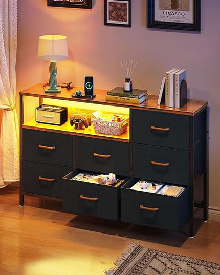 AODK Dresser with LED Lights and Power Outlet, 52-Inch Long Dresser TV Stand for Bedoom, Fabric TV Stand with 7 Large Storage Drawers and Shelves for Living Room, Vintage and Black - LeafyLoom