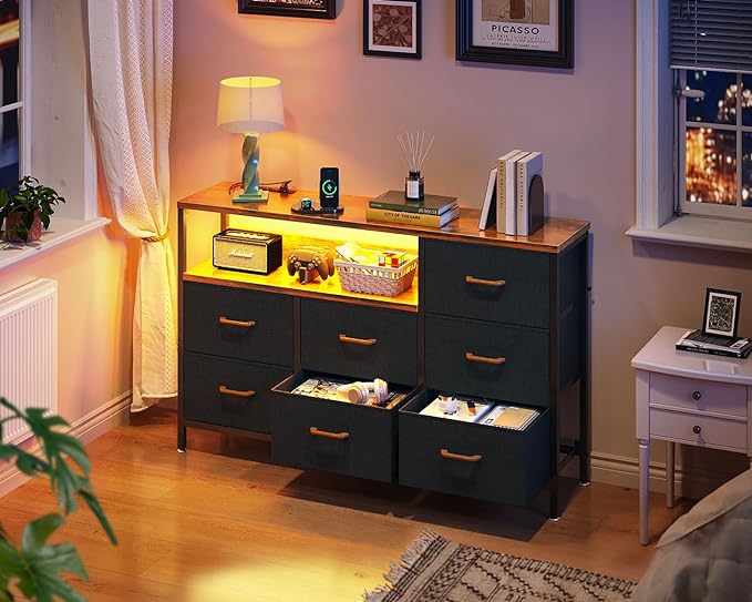 AODK Dresser with LED Lights and Power Outlet, 52-Inch Long Dresser TV Stand for Bedoom, Fabric TV Stand with 7 Large Storage Drawers and Shelves for Living Room, Vintage and Black - LeafyLoom