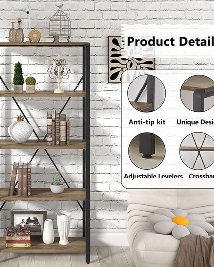 FOLUBAN 5 Tier Tall Bookshelf, Industrial Vintage Book Shelf, Rustic Wood and Metal Bookcase for Home Office Bedroom, Oak - LeafyLoom