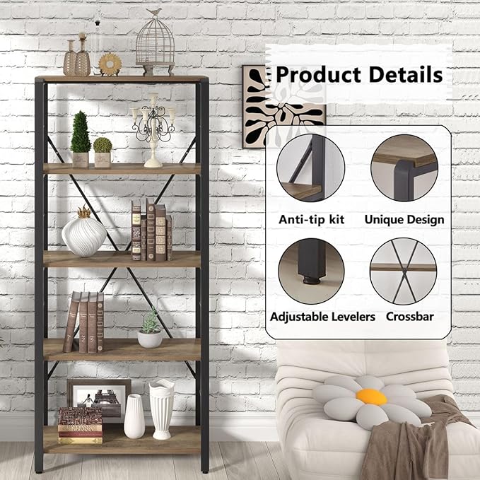 FOLUBAN 5 Tier Tall Bookshelf, Industrial Vintage Book Shelf, Rustic Wood and Metal Bookcase for Home Office Bedroom, Oak - LeafyLoom