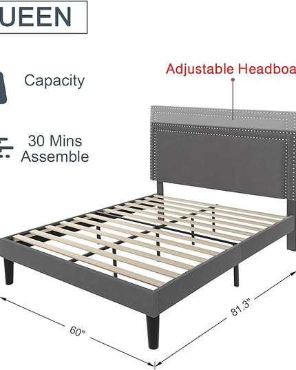 VECELO Queen Size Platform Bed Frame with Height Adjustable Upholstered Headboard, Modern Mattress Foundation,Strong Wood Slat Support, No Box Spring Needed, Easy Assembly - LeafyLoom