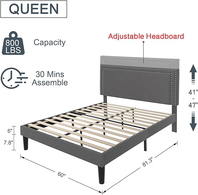 VECELO Queen Size Platform Bed Frame with Height Adjustable Upholstered Headboard, Modern Mattress Foundation,Strong Wood Slat Support, No Box Spring Needed, Easy Assembly - LeafyLoom