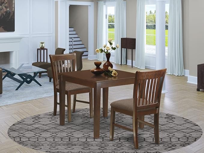 East West Furniture OXNO3-MAH-C 3 Piece Room Set Contains a Square Kitchen Table and 2 Linen Fabric Upholstered Dining Chairs, 36x36 Inch - LeafyLoom