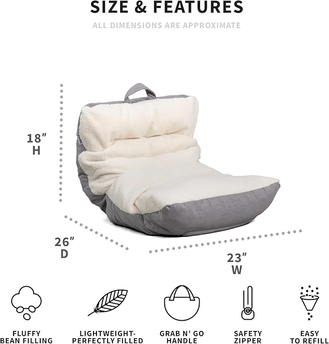 Big Joe Roma Kid's Bean Bag Chair, Oat Sherpa and Graphite, Vegan Suede, 2 feet - LeafyLoom