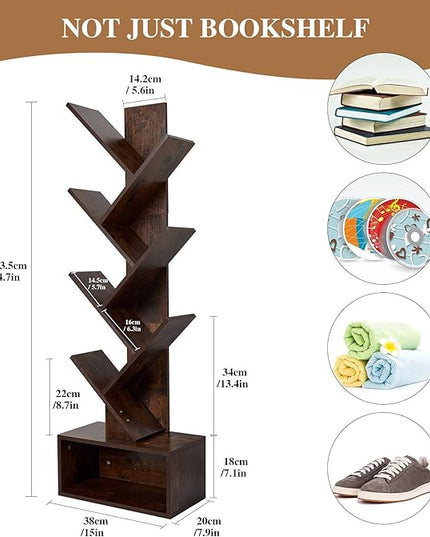 Tree Bookshelf 6 layers with drawers Retro Book Holder Rustic Brown Wooden Floor Standing Bookshelf for Living Room,Bedroom,Home Office Modern Bookcase - LeafyLoom