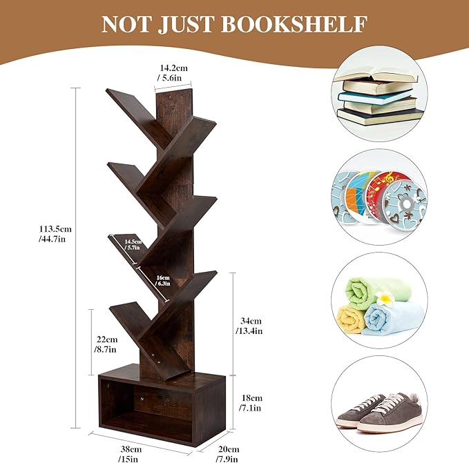 Tree Bookshelf 6 layers with drawers Retro Book Holder Rustic Brown Wooden Floor Standing Bookshelf for Living Room,Bedroom,Home Office Modern Bookcase - LeafyLoom