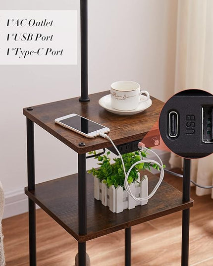Floor Lamp with Table, Lamps for Living Room with Charging Station(USB &Type-C &AC Port), Rustic End Table Lamp with Shelves & 3-Color Temperature LED Bulb, Lamp Table for Living Room, Bedroom - LeafyLoom