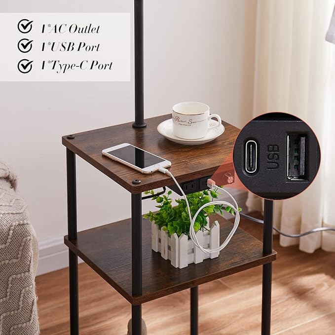 Floor Lamp with Table, Lamps for Living Room with Charging Station(USB &Type-C &AC Port), Rustic End Table Lamp with Shelves & 3-Color Temperature LED Bulb, Lamp Table for Living Room, Bedroom - LeafyLoom