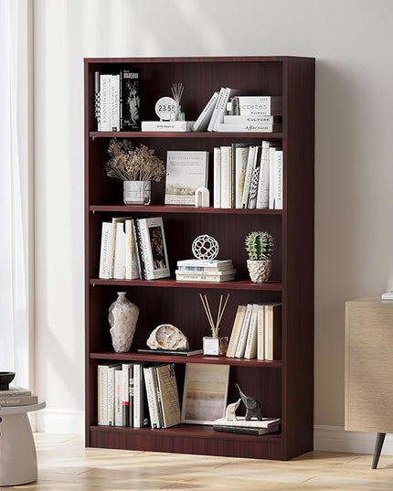 Soohow Mahogany Bookcase,Bookshelf for Bedroom,60 inches Tall Wood Book case Book Shelves,5 Shelf Book Shelves for Living Room Office - LeafyLoom
