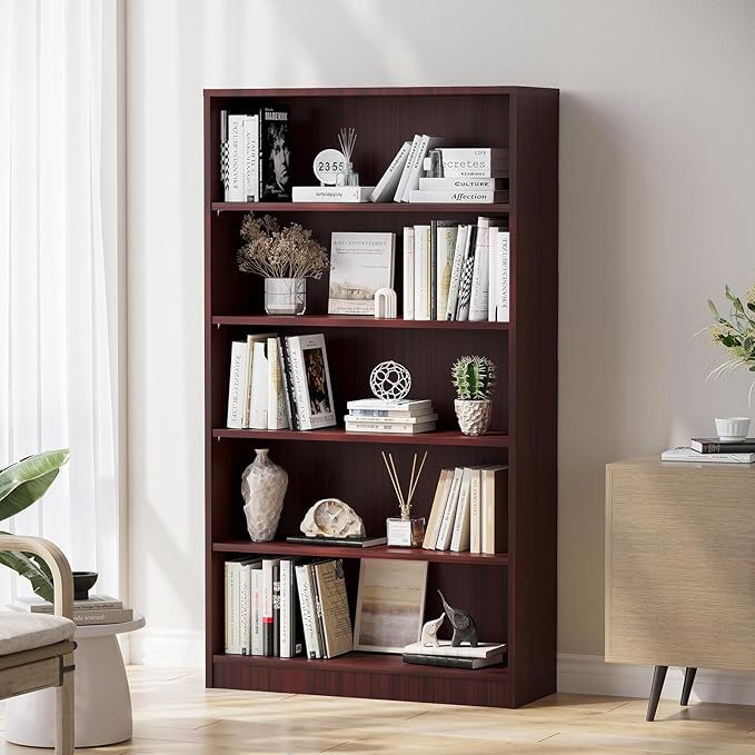 Soohow Mahogany Bookcase,Bookshelf for Bedroom,60 inches Tall Wood Book case Book Shelves,5 Shelf Book Shelves for Living Room Office - LeafyLoom